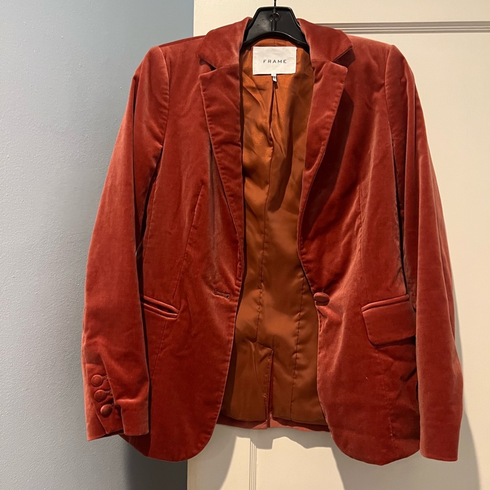 Frame velvet burnt orange blazer with spare button